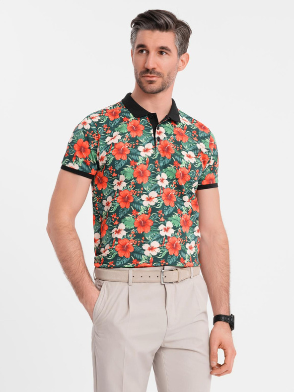 Ombre Clothing Памучна поло риза с цветен печат - черна