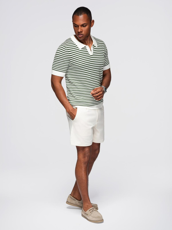 Ombre Clothing Мъжка плетена поло риза без копчета с морски ивици - бяла и маслинено зелена