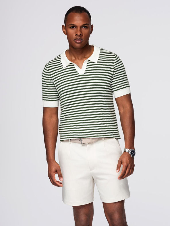Ombre Clothing Мъжка плетена поло риза без копчета с морски ивици - бяла и маслинено зелена
