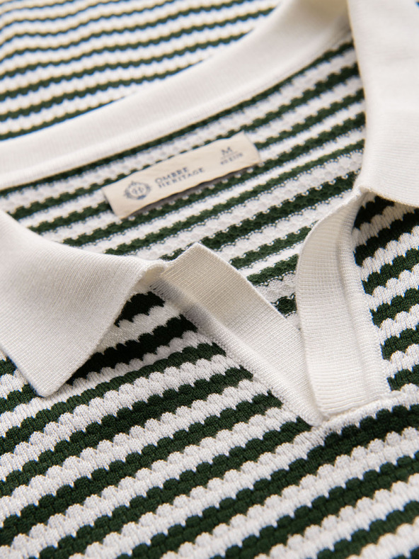 Ombre Clothing Мъжка плетена поло риза без копчета с морски ивици - бяла и маслинено зелена