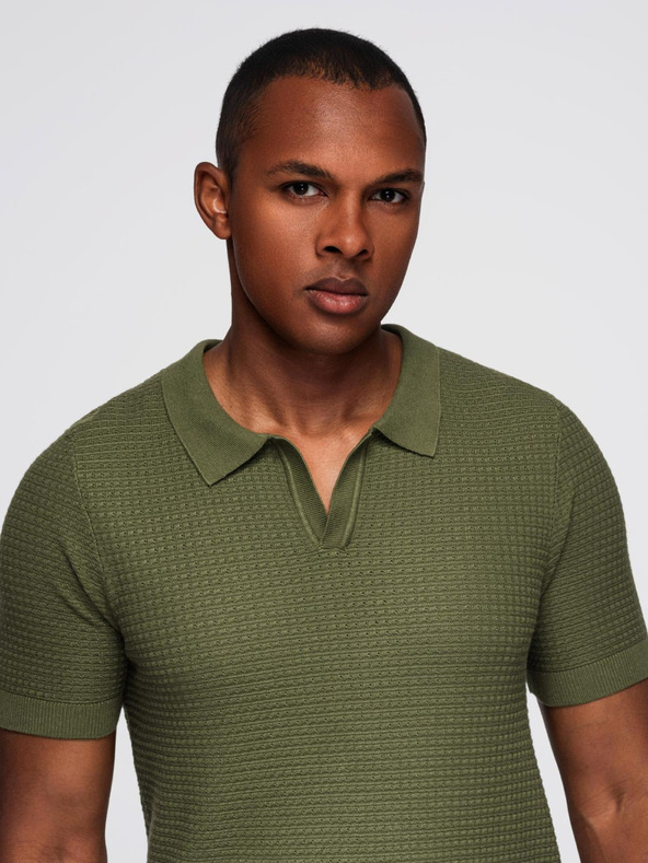 Ombre Clothing Мъжка плетена поло риза без копчета - маслинена