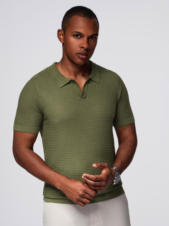 Ombre Clothing Мъжка плетена поло риза без копчета - маслинена
