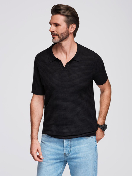 Ombre Clothing Мъжка плетена поло риза без копчета - черна