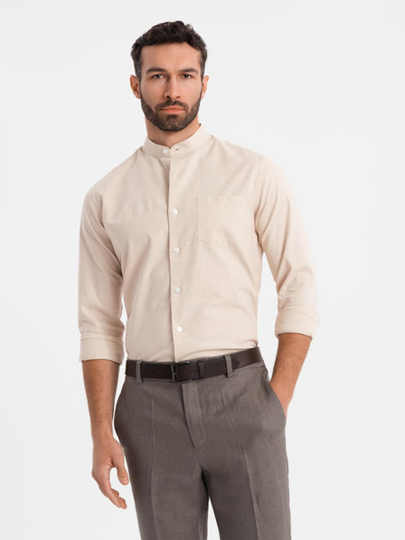 Ombre Clothing Мъжка памучна риза с права яка и джоб REGULAR FIT - кремаво