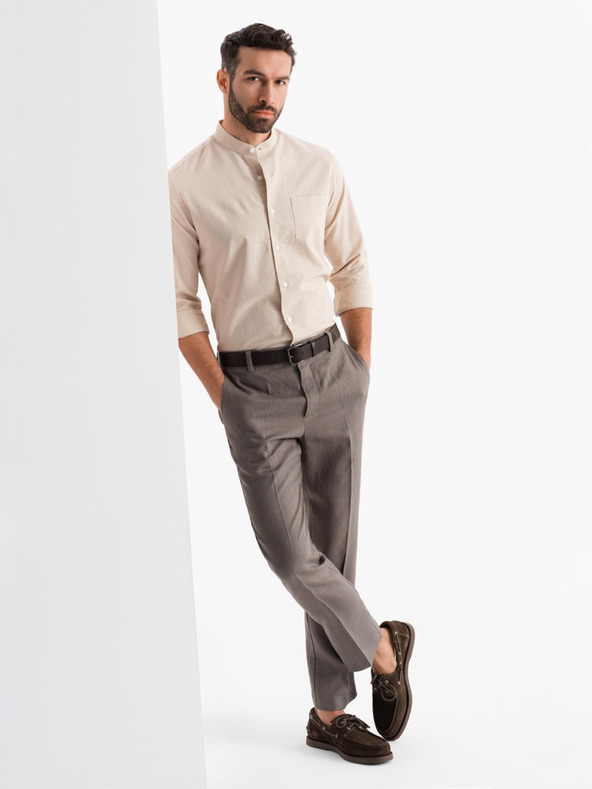 Ombre Clothing Мъжка памучна риза с права яка и джоб REGULAR FIT - кремаво