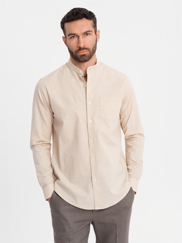 Ombre Clothing Мъжка памучна риза с права яка и джоб REGULAR FIT - кремаво