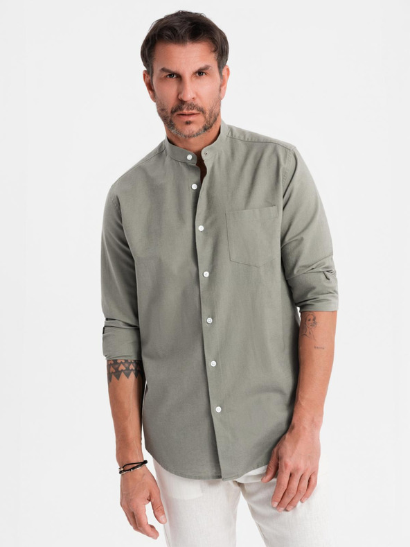 Ombre Clothing Мъжка памучна риза с права яка и джоб REGULAR FIT - каки