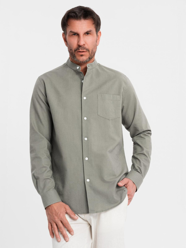 Ombre Clothing Мъжка памучна риза с права яка и джоб REGULAR FIT - каки