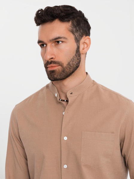 Ombre Clothing Мъжка памучна риза с права яка и джоб REGULAR FIT - светло кафяво