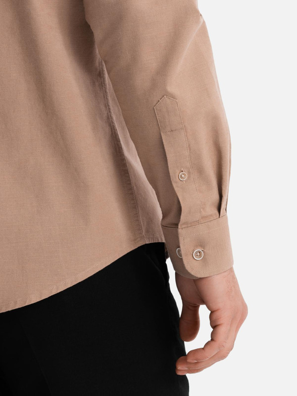 Ombre Clothing Мъжка ленена риза с класическа яка и джобове REGULAR FIT - светло кафяво