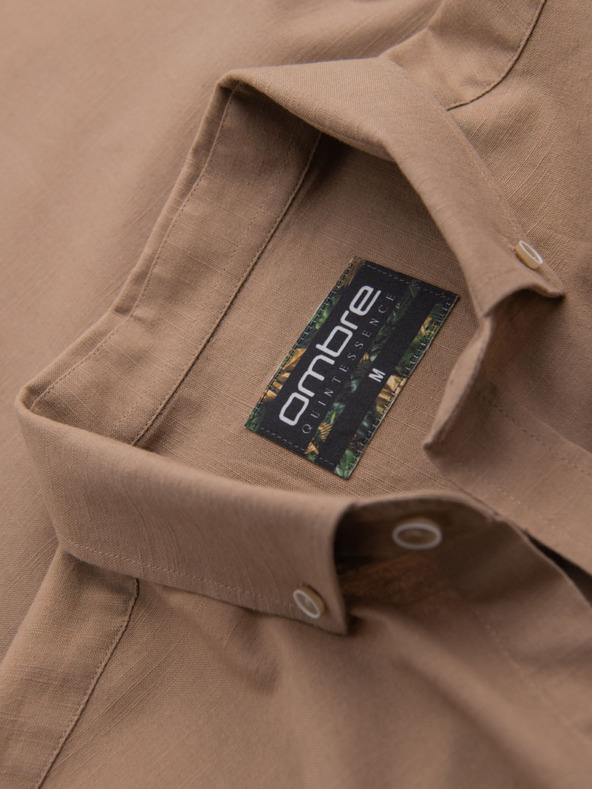 Ombre Clothing Мъжка ленена риза с класическа яка и джобове REGULAR FIT - светло кафяво