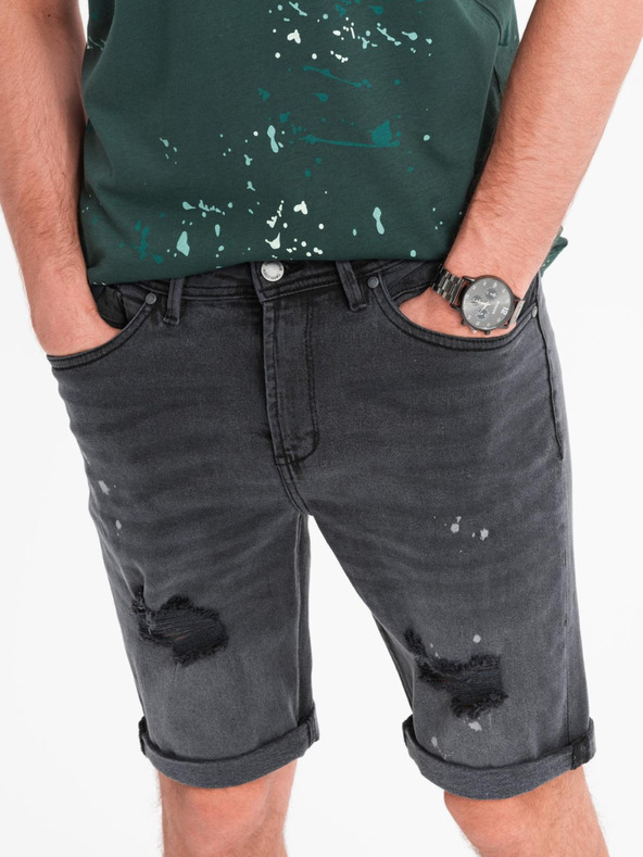 Ombre Clothing Мъжки къси дънкови шорти с разкъсване и подгъната крачол - сиво