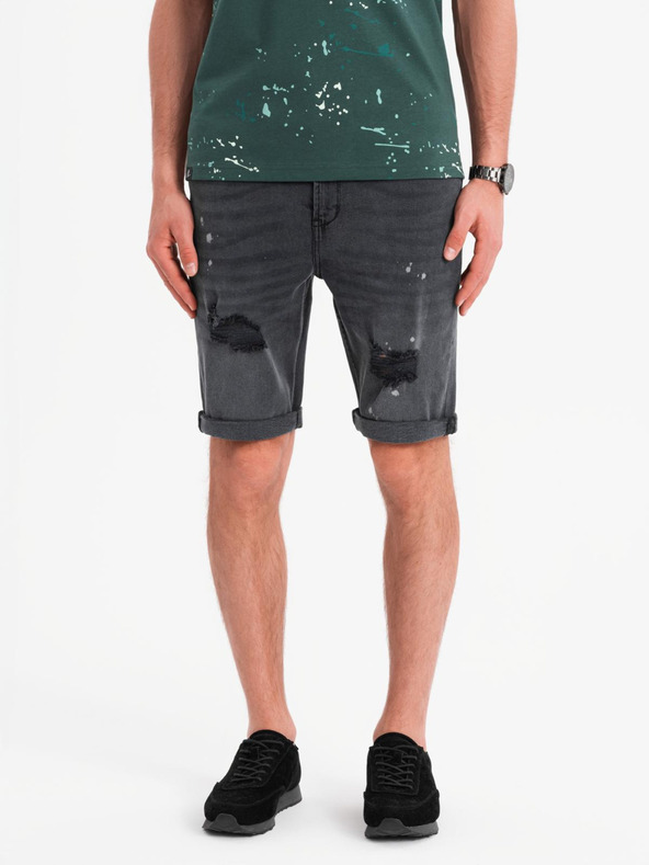 Ombre Clothing Мъжки къси дънкови шорти с разкъсване и подгъната крачол - сиво