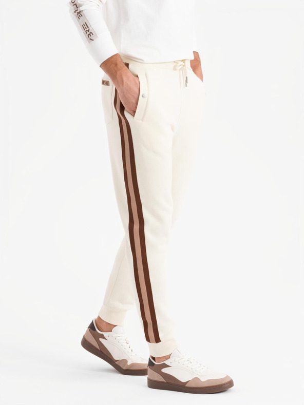 Ombre Clothing Мъжки спортни панталони с кантове и ребрести крачоли - кремави