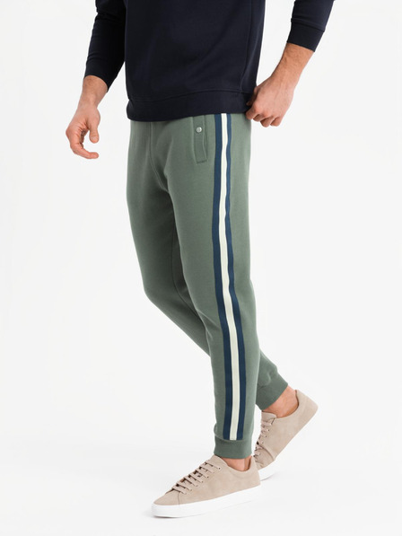 Ombre Clothing Мъжки спортни панталони с кантове и ребрести крачоли - маслинени