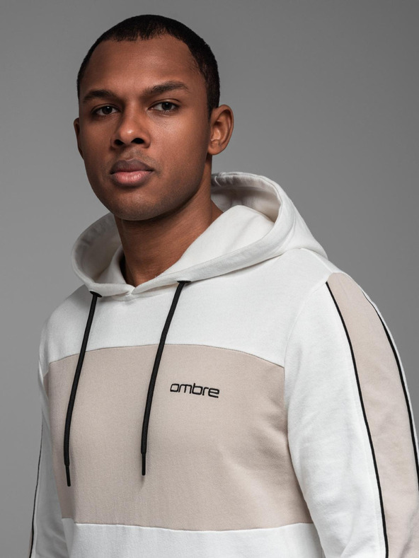 Ombre Clothing Мъжки памучен суитшърт с качулка и контрастни детайли - бял