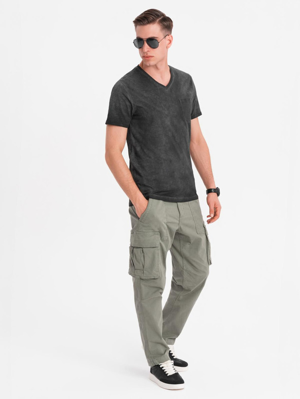 Ombre Clothing Мъжка памучна тениска с V-образно деколте и изтрит ефект - черна