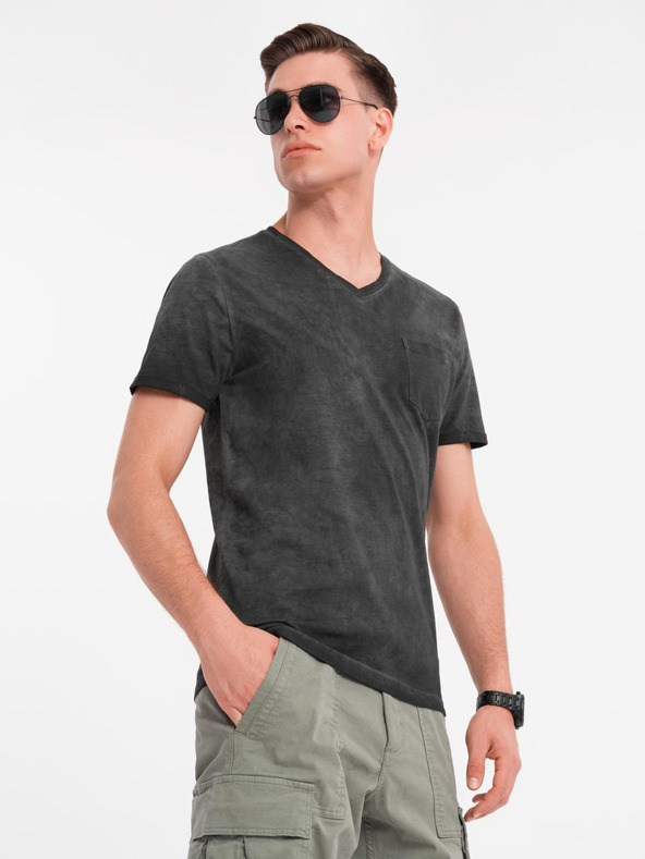 Ombre Clothing Мъжка памучна тениска с V-образно деколте и изтрит ефект - черна