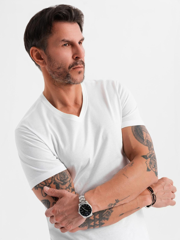 Ombre Clothing Мъжка класическа памучна тениска BASIC с деколте - бяла
