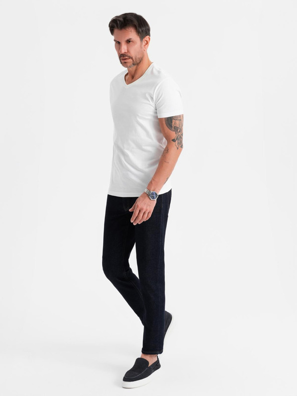 Ombre Clothing Мъжка класическа памучна тениска BASIC с деколте - бяла