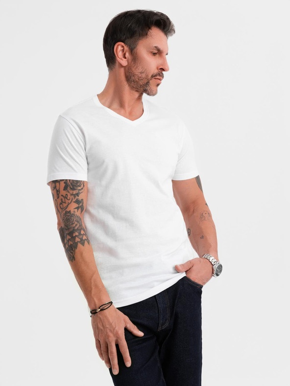 Ombre Clothing Мъжка класическа памучна тениска BASIC с деколте - бяла