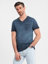 Ombre Clothing Мъжка памучна тениска с V-образно деколте и изтрит ефект - тъмносиня