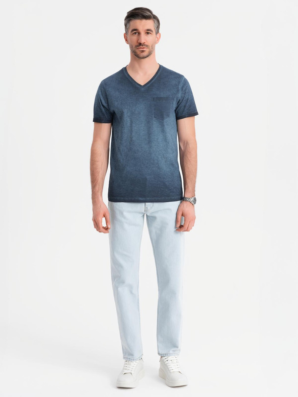 Ombre Clothing Мъжка памучна тениска с V-образно деколте и изтрит ефект - тъмносиня
