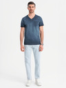 Ombre Clothing Мъжка памучна тениска с V-образно деколте и изтрит ефект - тъмносиня