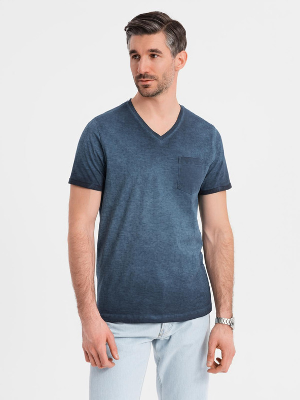 Ombre Clothing Мъжка памучна тениска с V-образно деколте и изтрит ефект - тъмносиня