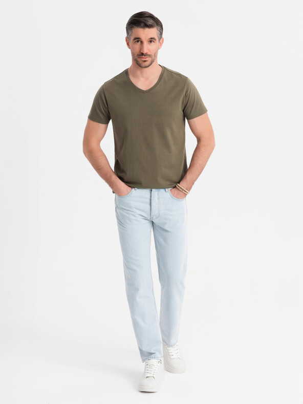 Ombre Clothing Мъжка класическа памучна тениска BASIC с V-образно деколте - тъмно маслинено зелена