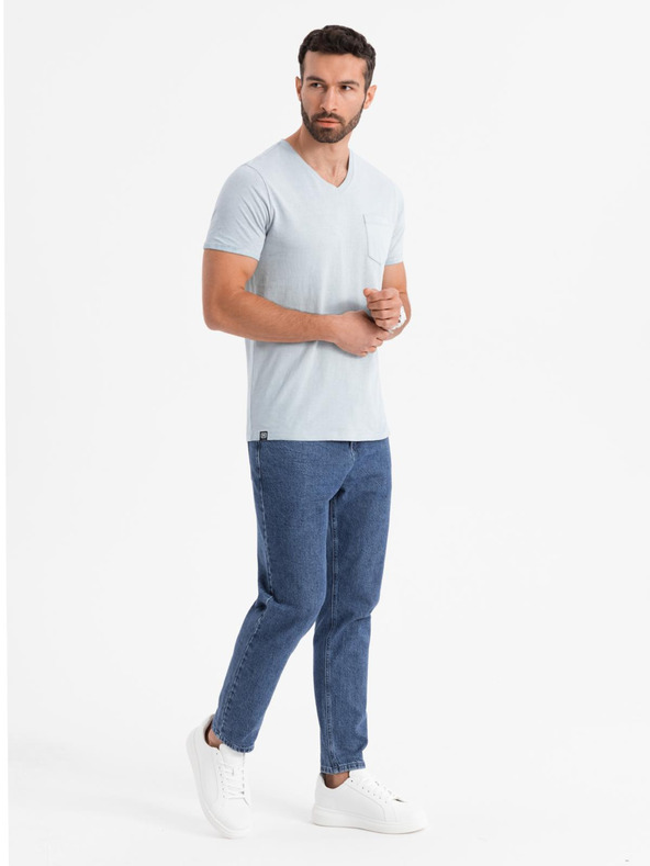 Ombre Clothing Мъжка памучна тениска с V-образно деколте и изтрит ефект - сива