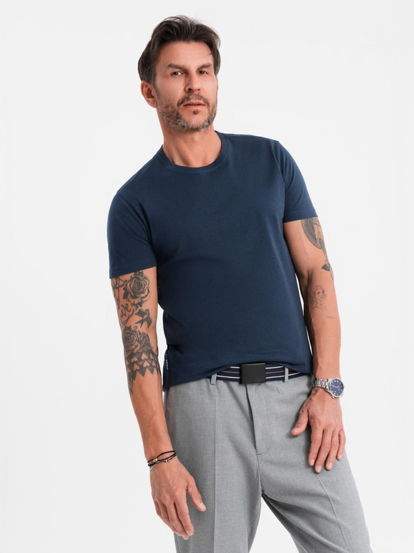 Ombre Clothing Мъжка класическа памучна тениска BASIC - тъмносиня