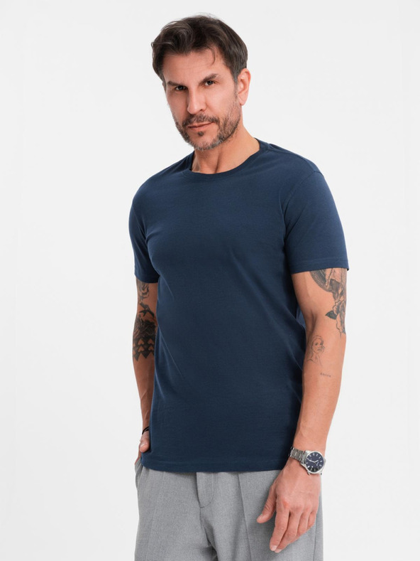 Ombre Clothing Мъжка класическа памучна тениска BASIC - тъмносиня