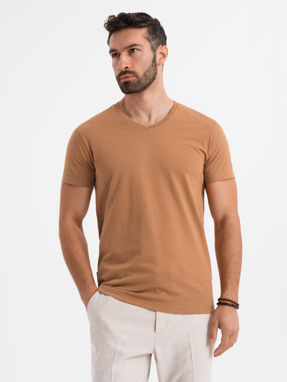 Ombre Clothing Мъжка класическа памучна тениска BASIC с V-образно деколте - кафява