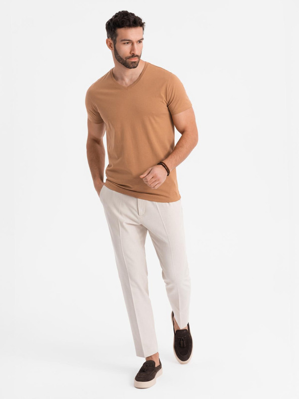 Ombre Clothing Мъжка класическа памучна тениска BASIC с V-образно деколте - кафява