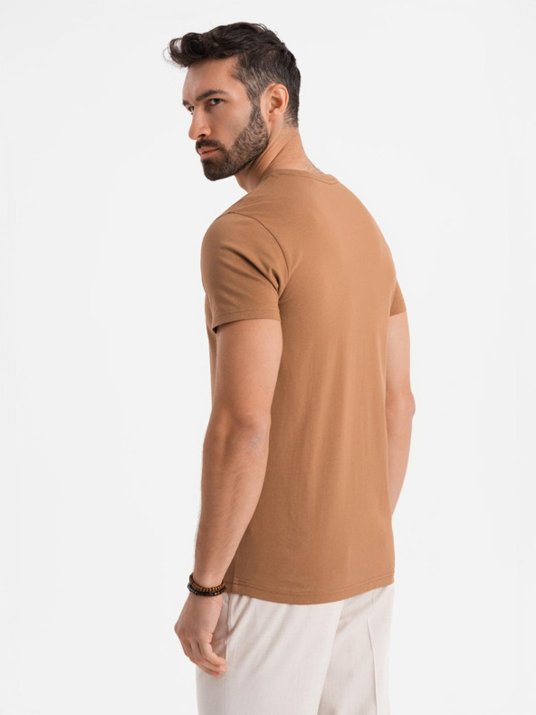 Ombre Clothing Мъжка класическа памучна тениска BASIC с V-образно деколте - кафява