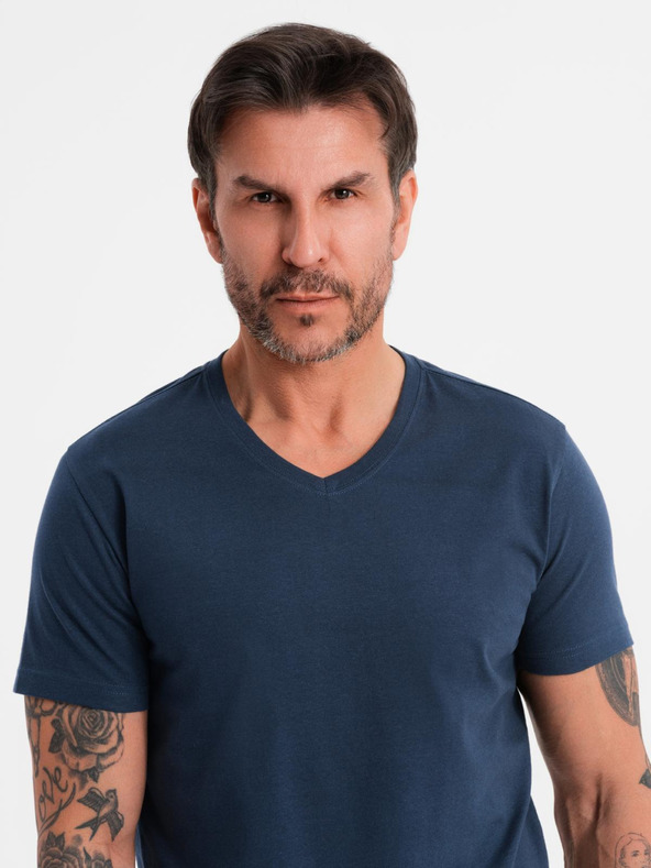 Ombre Clothing Мъжка класическа памучна тениска BASIC с V-образно деколте - тъмносиня