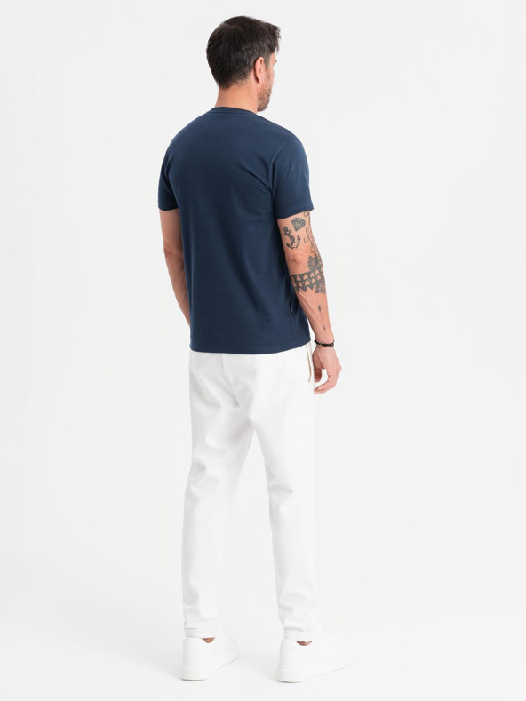 Ombre Clothing Мъжка класическа памучна тениска BASIC с V-образно деколте - тъмносиня