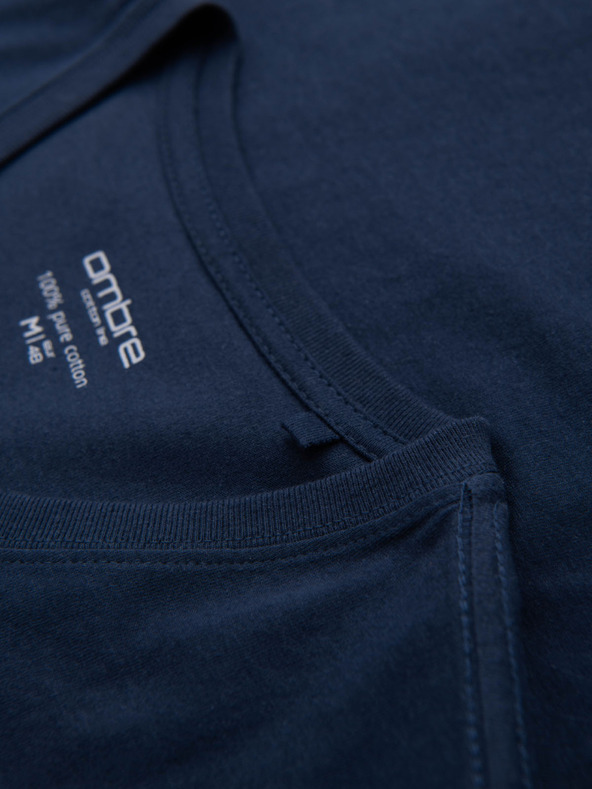 Ombre Clothing Мъжка класическа памучна тениска BASIC с V-образно деколте - тъмносиня