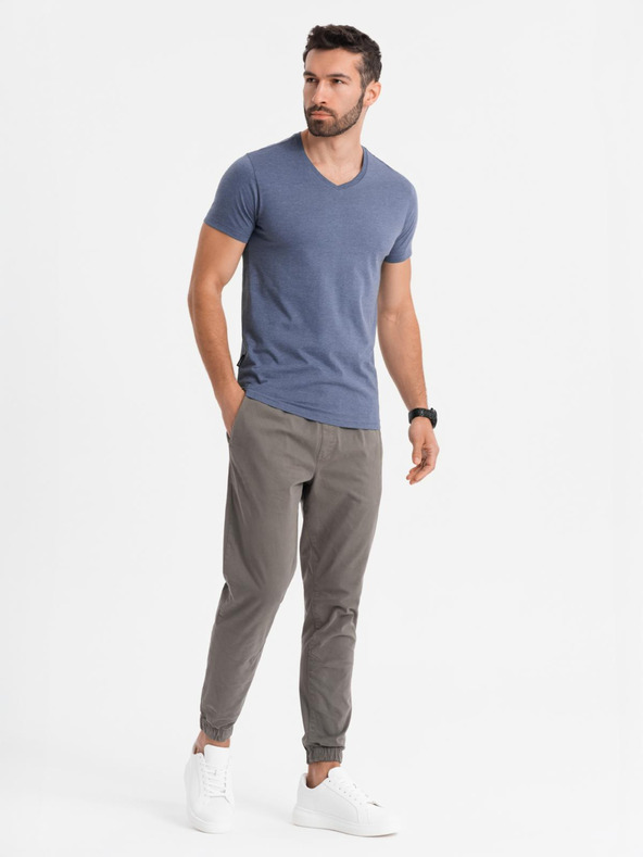 Ombre Clothing Мъжка класическа памучна тениска BASIC с V-образно деколте - синьо меланж