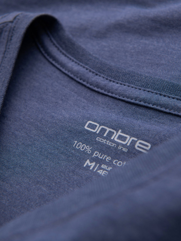 Ombre Clothing Мъжка класическа памучна тениска BASIC с V-образно деколте - синьо меланж