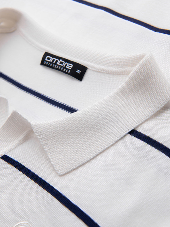 Ombre Clothing Мъжка поло риза с дълъг ръкав и хоризонтални ивици от вискоза - бяла и тъмносиня