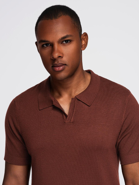 Ombre Clothing Мъжка поло тениска без копчета с класическа плетка - тъмнокафява