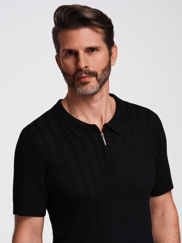 Ombre Clothing Мъжка поло тениска с цип при деколтето - черна