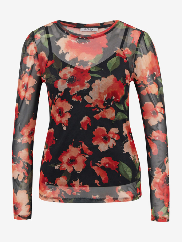 Orsay Червено-черна дамска тениска на цветя ORSAY