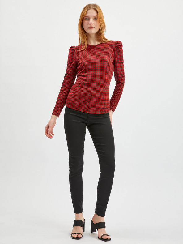 Orsay Червена дамска тениска с дълъг ръкав и десен ORSAY