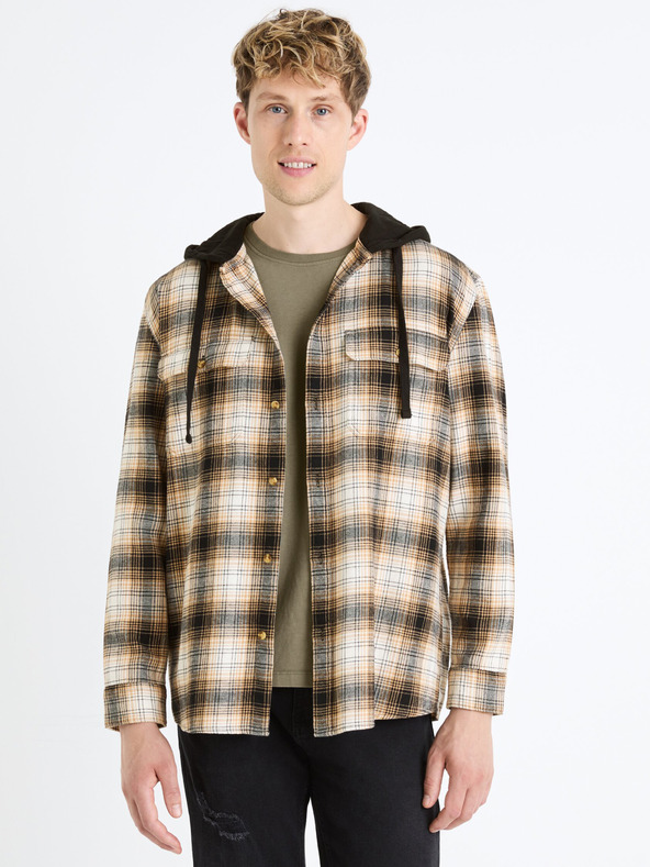 Celio Кафява мъжка карирана риза с качулка Celio Fapuche