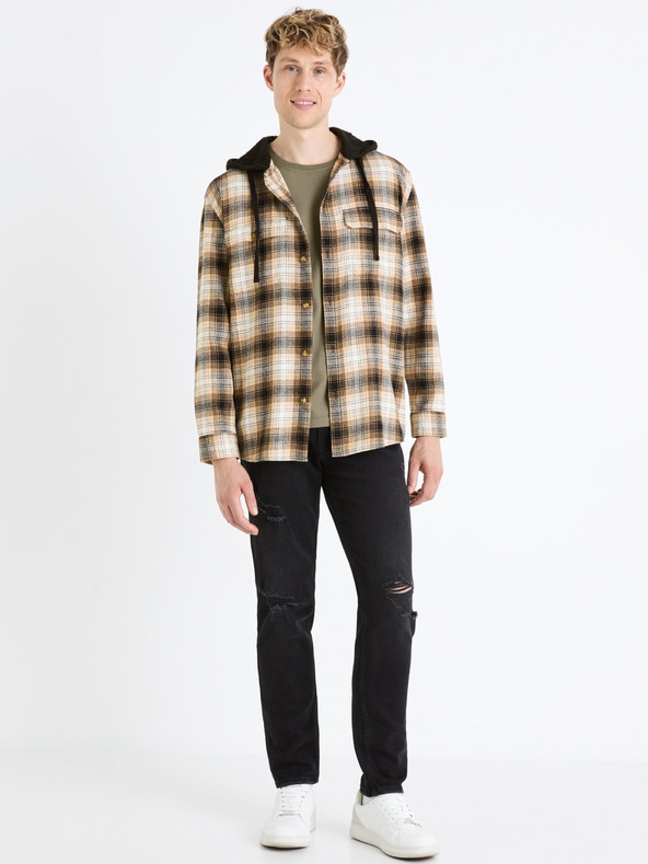 Celio Кафява мъжка карирана риза с качулка Celio Fapuche