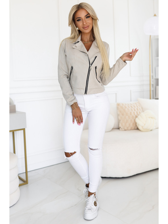 numoco Велурено яке за мотор с дълъг ръкав и цип - светлобежово