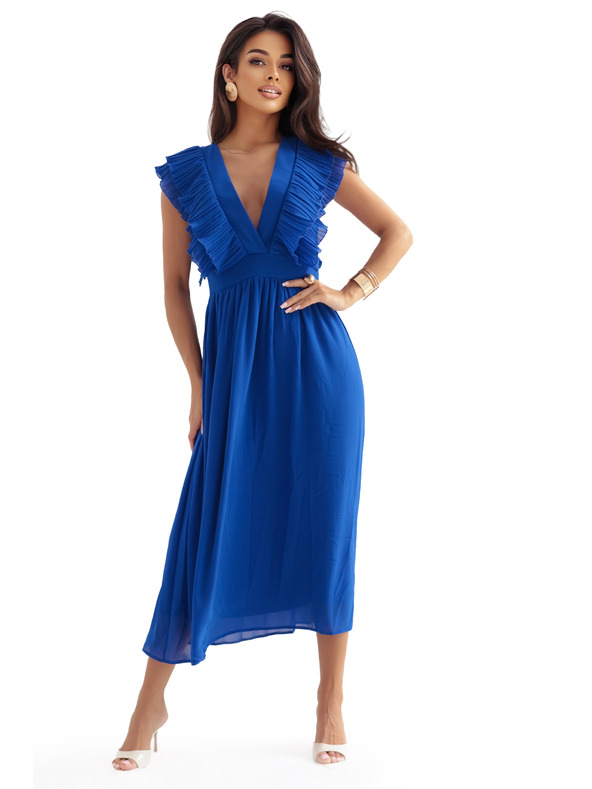 numoco Миди рокля YANA с плисирани волани и деколте - тъмносиня